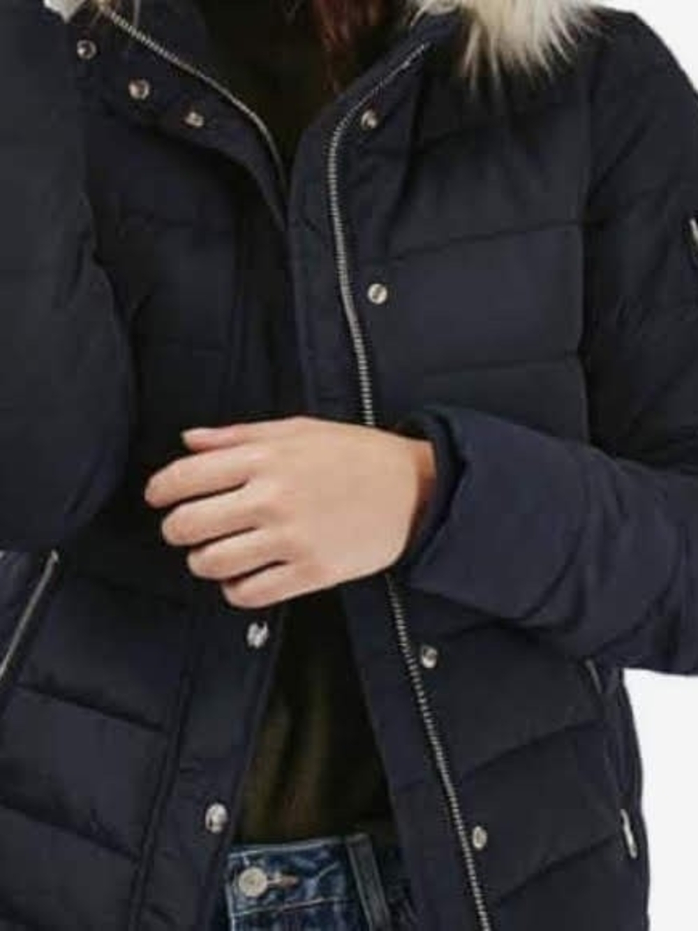 Reduced$Topshop Women’s Navy Rare Navy Blue Puffer Coat with Faux Fur Hood - Picture 2 of 4